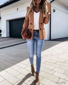 Lasaky - Plain chocolate blazer coat with long sleeves and double breasted Chocolate Blazer, Blazer Outfit, Mode Casual, Sweater Dress Women, Blazer Outfits, Business Casual Outfits, Mode Inspiration, Work Clothes, Outfit Casual