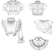 four different types of blouses with long sleeves and ruffles on the shoulders