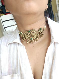 Brass alloy rajwadi polish Metal Kundan Temple Jewelry Necklace, Dual-tone Brass Chandbali Jewelry, Festive Temple Jewelry Sets With Choker, Festive Temple Jewelry Choker Sets, Festive Dual-tone Gold Plated Jewelry, Dual-tone Kundan Jewelry, Gold Brass Jewelry With Peacock Design, Festive Temple Jewelry Choker Necklace, Festive Intricate Temple Choker Necklace