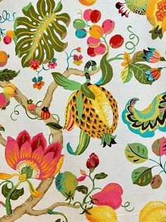 a white background with colorful flowers and birds on it's branches, all over the place