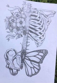 a drawing of a skeleton and butterfly on a piece of paper with flowers in the background