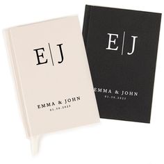 two personalized wedding guest books, one black and white with the letter ej