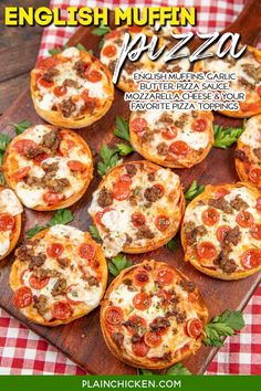 english muffin pizzas on a cutting board with text overlay that reads english muffin pizza