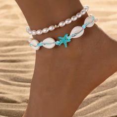 2pcs Boho Chic Beach Anklet Set With Starfish & Natural Shell Accents Perfect For Vacation & Everyday Wear Beachwear Beachy Cute Starfish Anklets For Beach Season, Blue Anklets For Beach Season, Blue Beach Anklets, Casual Blue Anklet For Beach Season, Starfish Anklets For Summer Vacation, White Starfish Anklets For Beach, White Anklets For Beach Season, White Trendy Anklets For Summer, Blue Casual Anklets For Vacation