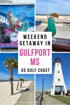 A vibrant art mural, a tropical cocktail on the beach, walking along the white sand beach, and a white lighthouse in Gulfport, Mississippi along the US Gulf Coast. Things To Do In Gulfport Mississippi, Gulf Shores Vacation