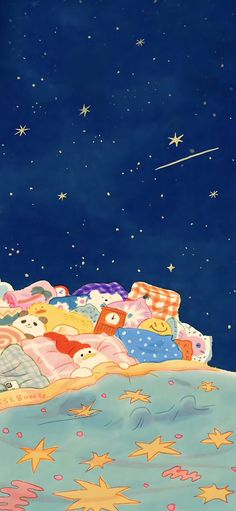 there is a bed with teddy bears on it and stars in the night sky above