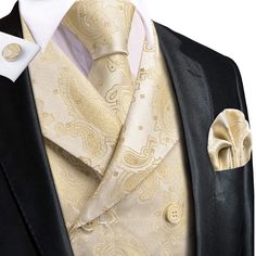 FEATURES Includes: Waistcoat, Necktie, Pocket Square and Cufflinks Material: 100% Handmade Silk Occasion: Wedding, Party, Business, Daily Look Gives your wardrobe an upscale look Free Worldwide Shipping Waistcoat Suit, Business Vest, Silk Vest, Gold Paisley, Dress Vest, Vest Set, Party Business, Formal Suit, Formal Suits