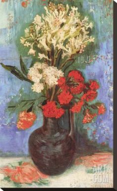 a painting of flowers in a black vase on a table with red and white flowers