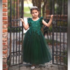 Emerald Color Tulle Gown With Lace Detail On The Top Panel. Back Hidden Zipper. Emerald Gown, Birthday Party Princess, Whimsical Dress, Overlay Skirt, Full Length Gowns, Tulle Gown, Emerald Color, Pom Pom Trim, Cut Flowers