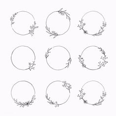 six circular frames with flowers and leaves drawn in ink on white paper, each one has a