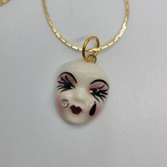 Vintage Fancy Faces Hand Painted Porcelain Mask Pendant With Teardrop Design With Rhinestone On 17" Brass Chain Unworn, In Original Packaging Porcelain Mask, Quirky Girl, Quirky Jewelry, Face Jewellery, Face Necklace, Funky Jewelry, Painted Porcelain, Hand Painted Porcelain, Doll Face