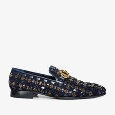 Designer Blue Loafers For Business, Navy Leather Business Loafers, Blue Luxury Slip-on Dress Shoes, Luxury Blue Slip-on Dress Shoes, Luxury Blue Business Moccasins, Designer Blue Loafers With Leather Sole, Navy Loafers With Leather Sole For Business, Navy Formal Loafers With Leather Sole, Blue Luxury Loafers For Galas