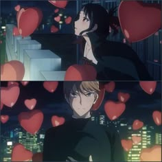 two anime characters with hearts floating in the air