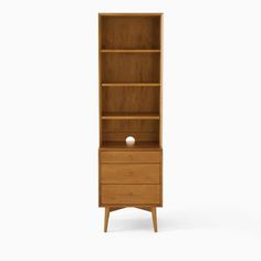 a wooden bookcase with two drawers on one side and an open drawer on the other