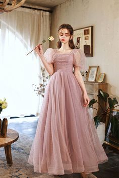 Short Puffy Sleeves Pearls Pink A-line Long Formal Dress Pretty Prom Dresses For Teens Semi Formal, Cute Formal Dresses Modest, Pink Gown Elegant With Sleeves, Formal Gowns Elegant Modest, Teen Dresses For Wedding, Modest Grad Dresses, Long Pink Dress Formal, Birthday Dress Modest, Teen Dresses Formal