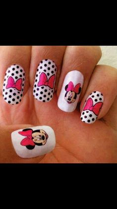 Minnie with bows and dots💅💅💅 Minnie Mouse Nail Art, Mickey Mouse Nail Art, Mouse Nails, Mickey Mouse Nails, Minnie Mouse Nails, Unghie Nail Art, Dot Nail Art, Nail Art Disney