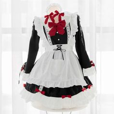 Cute Red Bows Maid Dress EE0955 Material: polyester, cotton Color: black Including: Hairband+dress+apron+bow tie Size: M L M: Length: 85cm, Shoulder: 36cm, Bust: under 86cm, Waist: Under 76cm: L:   Length: 86cm, Shoulder: 37cm, Bust: under 90cm, Waist: Under 80cm Tip: 1cm = 0.3937inch Harajuku Style White Mini Dress, White Harajuku Mini Dress, Red Mini Dress For Cosplay, White Long Sleeve Cosplay Dresses, White Long Sleeve Dress For Cosplay, Long Sleeve White Dresses For Cosplay, Cute Red Mini Dress With Ruffles, Red Ruffled Mini Dress For Costume Party, Red Ruffle Mini Dress For Costume Party