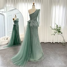 Elegant Gold Mermaid Arabic Luxury Evening Dress – DreamyVow Green One-shoulder Gown With Fitted Bodice, One-shoulder Wedding Gown With Sweep Train, One Shoulder Dress For Wedding And Prom Season, Prom Season Gown With Sweep Train And One Shoulder, One Shoulder Fitted Bodice Mermaid Dress For Party, Green Evening Gown With Asymmetrical Neckline, One Shoulder Mermaid Dress For Party With Fitted Bodice, One-shoulder Mermaid Dress With Fitted Bodice For Party, Green One-shoulder Wedding Gown