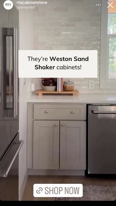 a kitchen with white cabinets and stainless steel appliances in the center is an advertisement that says, they're west sand shaker cabinets