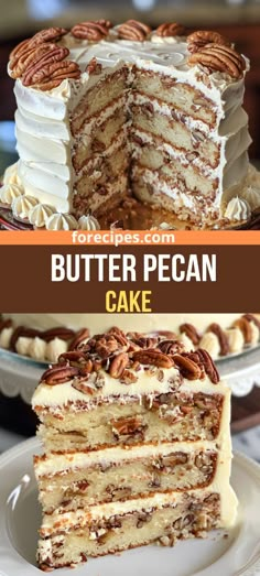 a cake with pecans on top and the words butter pecan cake below it