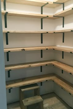 empty shelves in the corner of a room