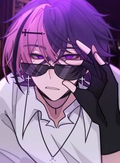 an anime character with purple hair and sunglasses