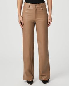 Sasha is our high-rise wide leg with a fitted top block and a slightly relaxed fit. This super flattering style comes in a tan color way with a 32" inseam and is crafted from our bestselling faux leather with 4-way stretch, providing a smooth, soft and comfortable fit. | Sasha 32 Inch Wide Leg Pant - Burnt Sugar Faux Leather | Size 23 Chic Leather Wide Leg Pants, Chic Beige Wide Leg Pants With Straight Hem, Chic Wide Leg Pants With Straight Hem For Fall, Chic Brown Straight Leg Leather Pants, Chic Taupe Pants For Fall, Chic Brown Straight Leather Pants, Chic Beige Leather Pants For Work, Chic Beige Leather Bottoms, Chic Brown Wide Leg Full Length Pants