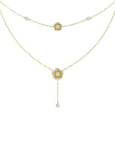 The Halo Flower Yellow Gold Necklace is an 18 karat yellow gold layered necklace. A petite yellow gold and natural diamond camellia-inspired flower sits at the center of the top row, accompanied by diamonds on either side. The second row is a y-necklace with a flower at the center and a natural diamond hanging below. Luxury Flower-shaped Diamond Necklace In Fine Jewelry Style, Yellow Gold Diamond Necklace, Gold Layered Necklace, Jewlery Necklace, The Bling Ring, Soul Contract, Everyday Jewellery, Yellow Necklace, Bling Ring