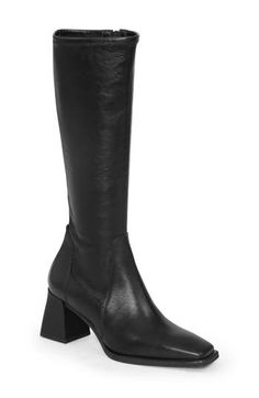 A flared block heel and square toe bolster the modern sophistication of a sleek leather boot in a knee-high silhouette. 2 3/4" heel 15 3/4" shaft Leather upper and lining/synthetic sole Imported High Black Boots Outfit, Black Knee High Boots Outfit, Black Mid Calf Boots, Vagabond Shoemakers, Black Boots Outfit, Boots Square Toe, Black Knee High Boots, Black Boots Tall, Socks Sneakers