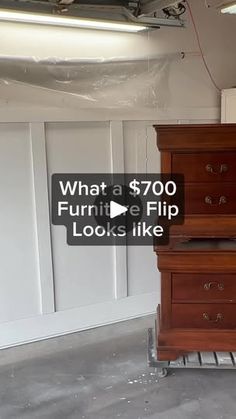 an empty room with two dressers and a sign that says what a $ 700 furniture flip looks like