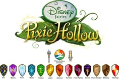 the logo for disney's pixie hollows with many different colors and shapes