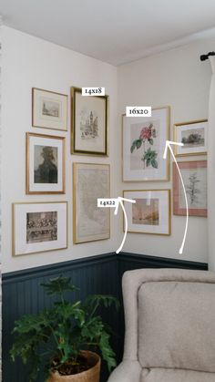 a living room with pictures on the wall and plants in a planter next to it