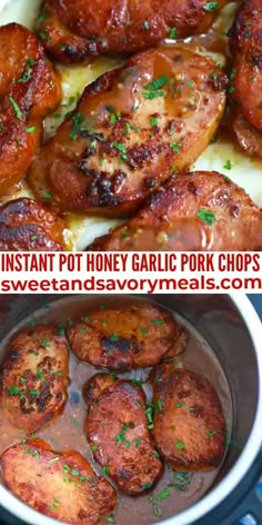 two pictures showing how to make instant pot honey garlic pork chops in the slow cooker