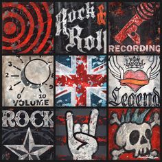 the rock and roll posters are all painted in red, white, blue and black