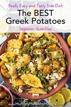 the best greek potato salad with feta cheese and herbs on top is shown in this image