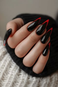 black nails, red French tips, classic nail designs, elegant nail ideas, baddie nails, black nail art, nail art inspo, elegant manicure, red and black nails, French tip nails, nail designs classic, classic manicure, black and red nail designs, nail designs elegant, black nail inspiration, red French tip nails, nail designs black, elegant nail art, black and red nail art, nail designs red, red tip nails, black nail designs, elegant nail inspiration, black and red manicure Fun Halloween Nails, Halloween Nail Ideas, Witch Nails, Witchy Nails, Gothic Nails, Red Nail, Halloween Nail, Diy Nail Art