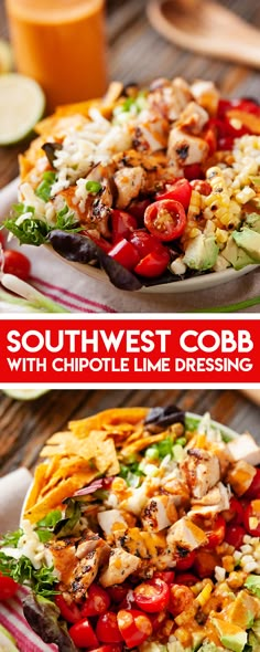 southwest cobb salad with chipotle lime dressing on the side and an orange juice in the background