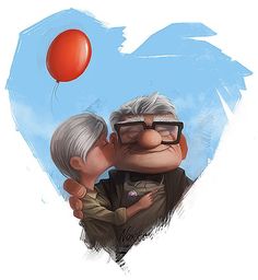 an older man and woman kissing in front of a heart shaped balloon with the sky behind them