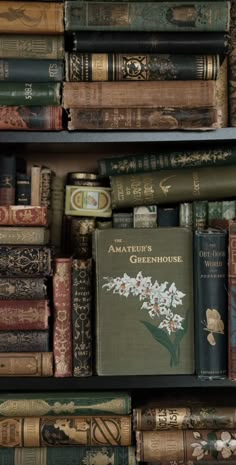 many books are stacked on top of each other in a bookcase with flowers and leaves