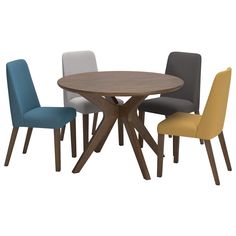 a table with four chairs around it and one chair on the other side, all in different colors