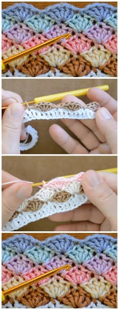 the crochet pattern is being worked on by someone using two yarns to make it