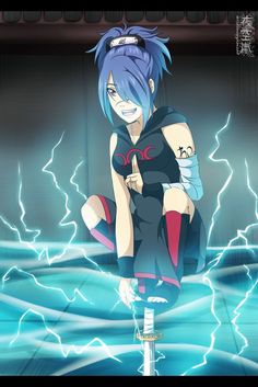 an anime character sitting on top of a surfboard in the water with lightning behind her