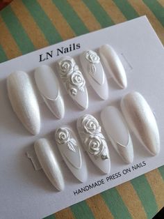 Bride Press On Nails, Nail Inspiration For Wedding, Press On Wedding Nails For Bride, Wedding Nail Set For Bride, Wedding Nails Classy Elegant, Press On Wedding Nails, White 3d Nail Art, White Nails For Bridesmaids, White Roses Nails