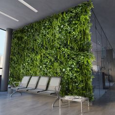 a living wall covered with green plants in an office building, next to a waiting area