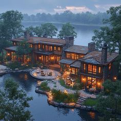 this is an aerial view of a luxury home in the woods at night with lights on