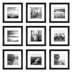 nine black and white photographs hanging on the wall in front of each other's frames