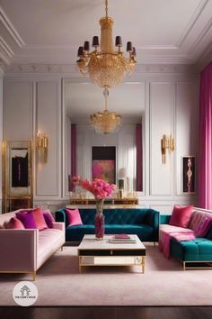 a living room filled with furniture and a chandelier