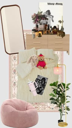 a collage of furniture and decor including a bed, desk, mirror, plant