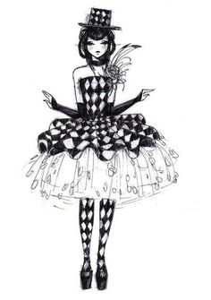 a black and white drawing of a girl in a dress with a top hat on her head