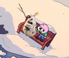 a cartoon character sitting on top of a bench next to a snow covered hill and holding a stick